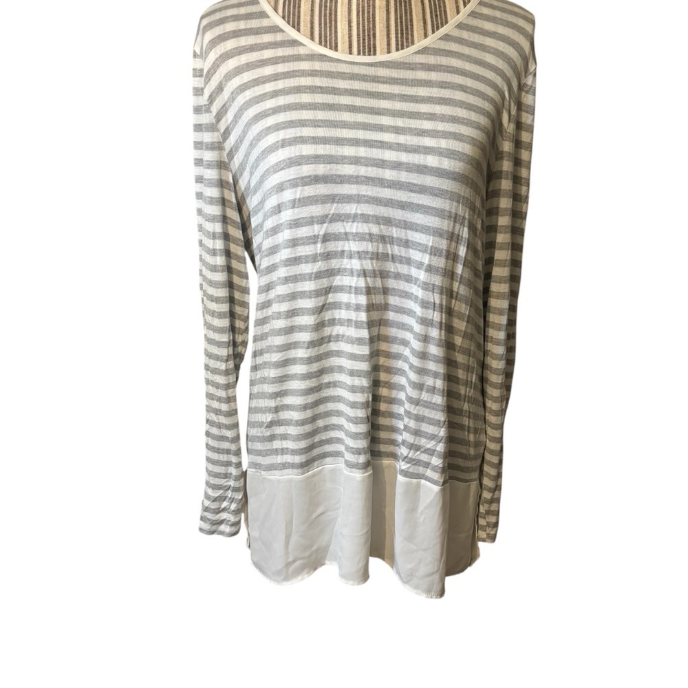 Valerie Bertinelli Top Large Gray White Striped Long Sleeves Lightwt Round Neck